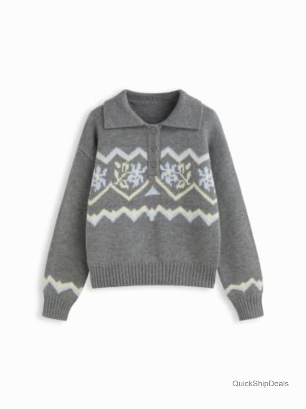 Women Fair Isle Argyle Knit Sweater Polo V Neck Long Sleeve Pullover Top